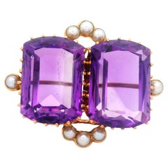 Victorian Twin Amethyst Pearl 14K Gold Brooch