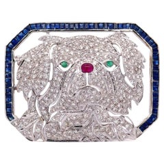 Vintage Diamond Sapphire Emerald Ruby 18K Gold Dog Brooch