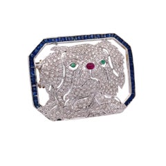 Vintage Diamond Sapphire Emerald Ruby 18K Gold Dog Brooch