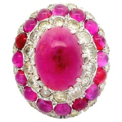 Antique-Style Ruby Diamond 18K White Gold Double Halo Cocktail Ring
