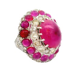 Antique-Style Ruby Diamond 18K White Gold Double Halo Cocktail Ring