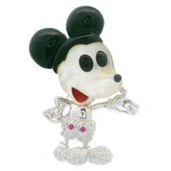 Diamond Black Onyx Mother of Pearls Pink Sapphire 18K White Gold Mouse Brooch
