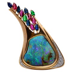 Australian Boulder Opal Sapphire Ruby Tsavorite Diamond 18K Yellow Gold Brooch