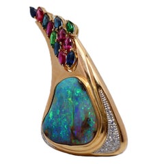 Australian Boulder Opal Sapphire Ruby Tsavorite Diamond 18K Yellow Gold Brooch
