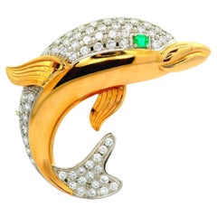 Diamond Emerald Platinum 18K Yellow Gold Dolphin Brooch