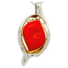 10.12 Carat Ox-Blood Red Coral Diamond Platinum 18K Yellow Gold Pendant Necklace