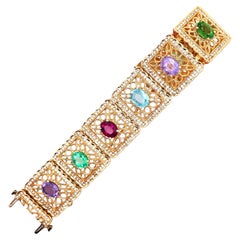 Magnífica pulsera vintage de oro de 14 quilates con turmalina Paraíba multicolor y diamantes, AGL