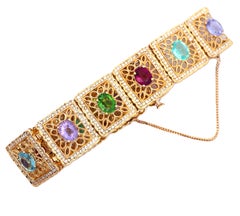 Magnífica pulsera vintage de oro de 14 quilates con turmalina Paraíba multicolor y diamantes, AGL