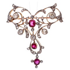 Antique No-Heat Burmese Ruby Diamond 14K Gold Brooch, GIA Certified