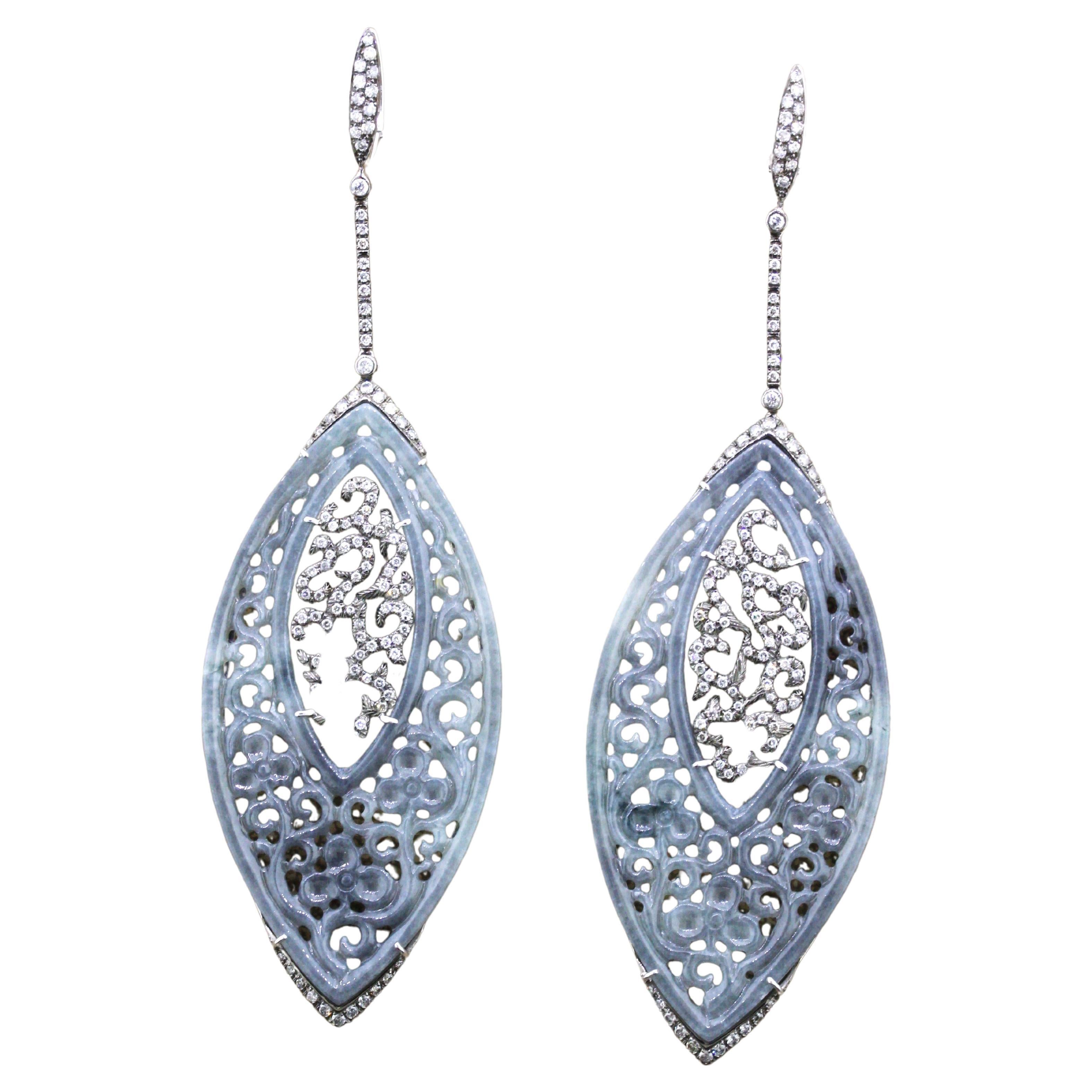 Large Jadeite Jade Diamond Gold Carved Dangle Earrings For Sale
