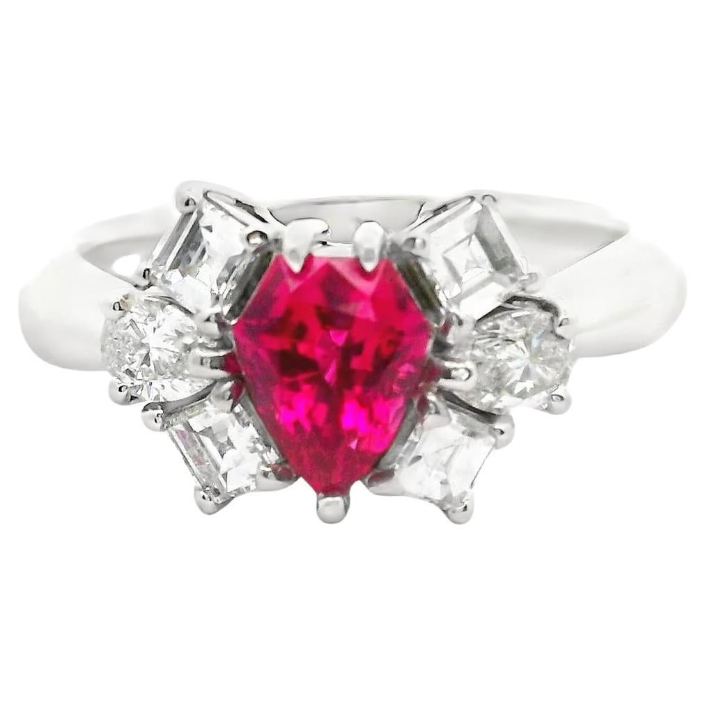 1.03 Carat Shield-Cut Ruby Diamond Platinum Ring, GIA Certified For Sale