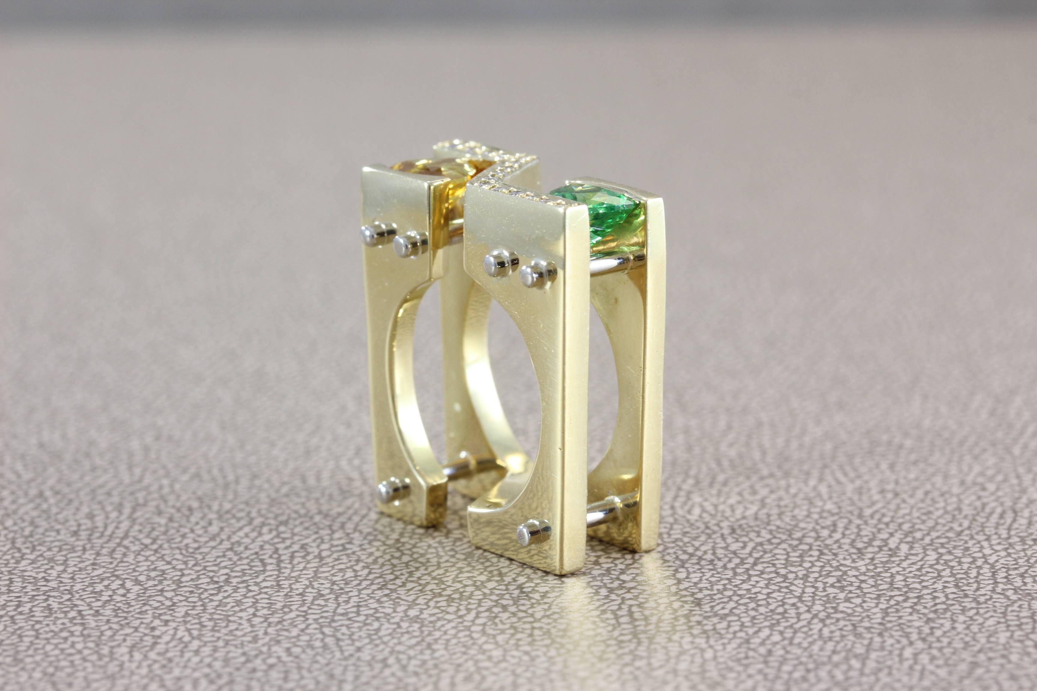 Mixed Cut Tsavorite and Yellow Sapphire Diamond Gold Cocktail Ring For Sale