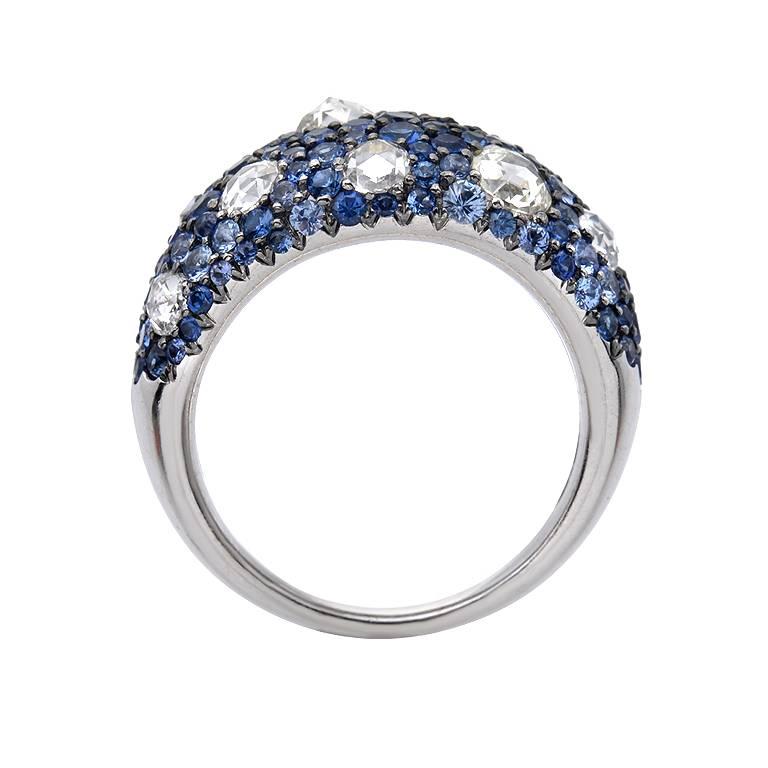 Rose Cut Diamond Blue Sapphire Dome Gold Ring In New Condition For Sale In Beverly Hills, CA