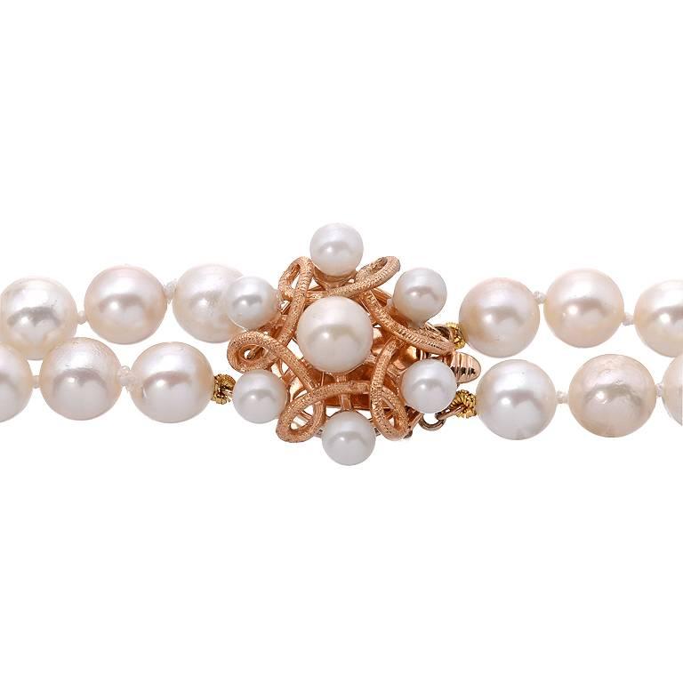 The 7.5MM Akoya pearls are all matching is size, shape, and luster. Each of the two strands measure 15-16 inches long. The clasp is made with 14K yellow gold and features six 4.5MM pearls and one 7MM pearl in the center. 