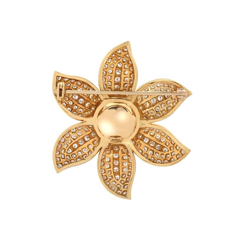 A magnificently made work of art, this 20th century brooch features a round 13.5MM golden south sea pearl. Across the petals of the flower are 5.00 carats of VS clarity F-G colored round cut diamonds. Set in 18K gold.  