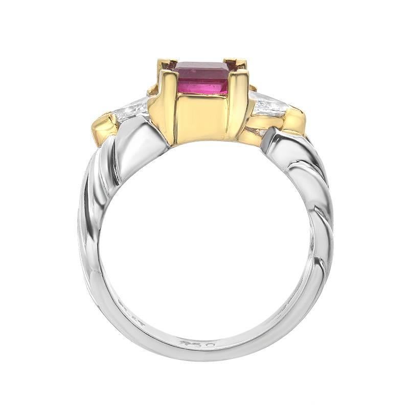 Mixed Cut Ruby Diamond Gold Platinum Three-Stone Ring For Sale