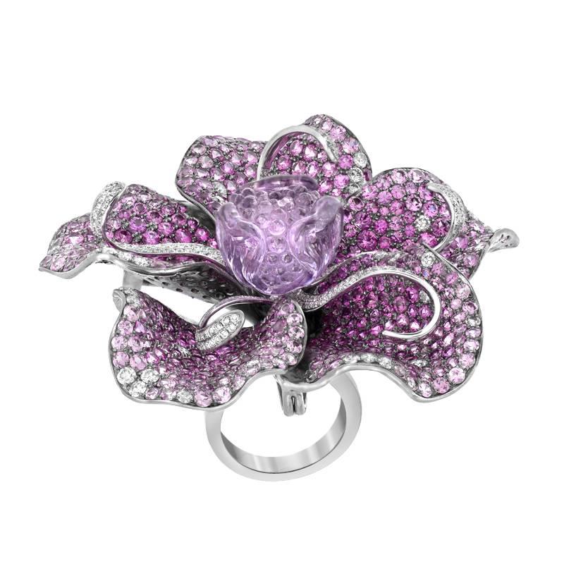 Diamond Sapphire Amethyst Gold Flower Ring Pendant Brooch For Sale