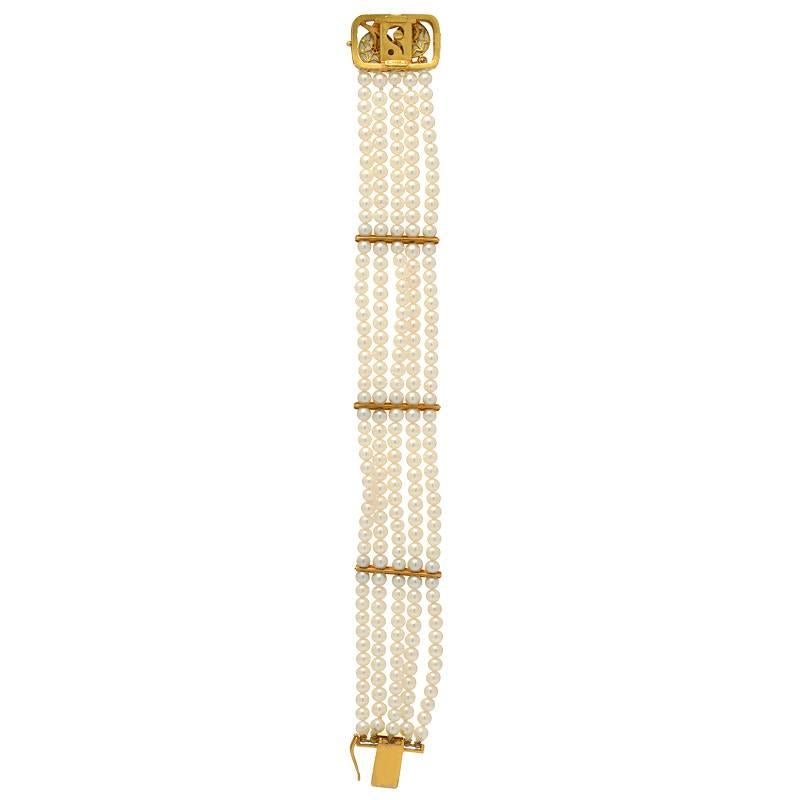Masriera Diamond Five-Strand Pearl Enamel Gold Bracelet In Excellent Condition In Beverly Hills, CA