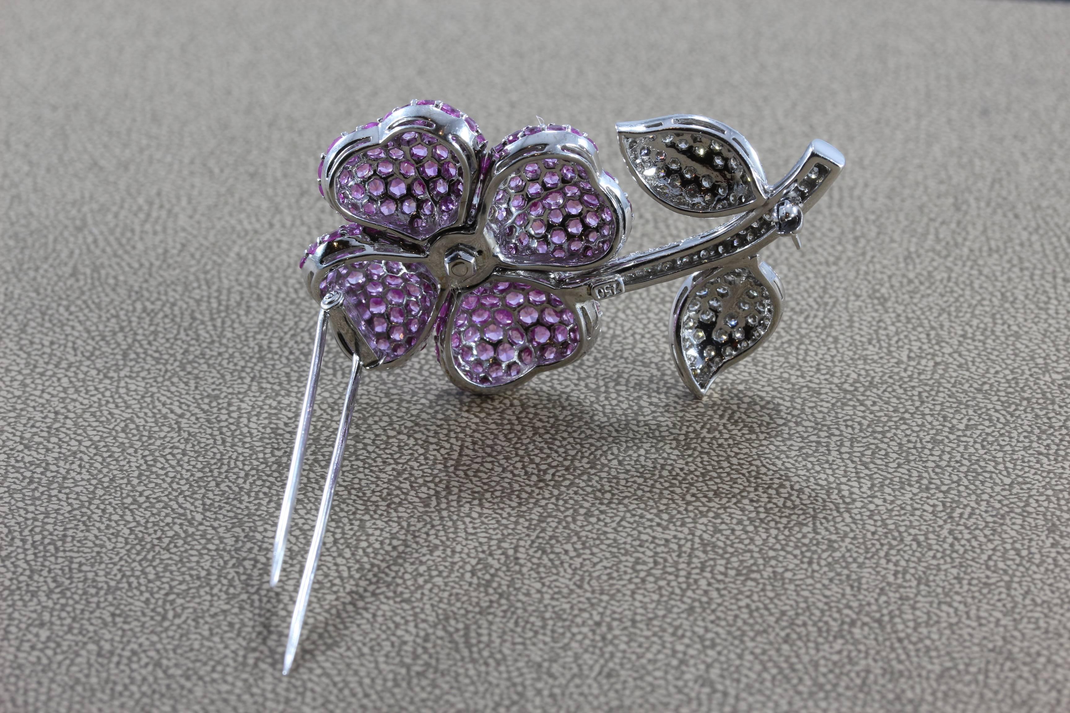 Women's Pink Sapphire Diamond Gold Flower Brooch