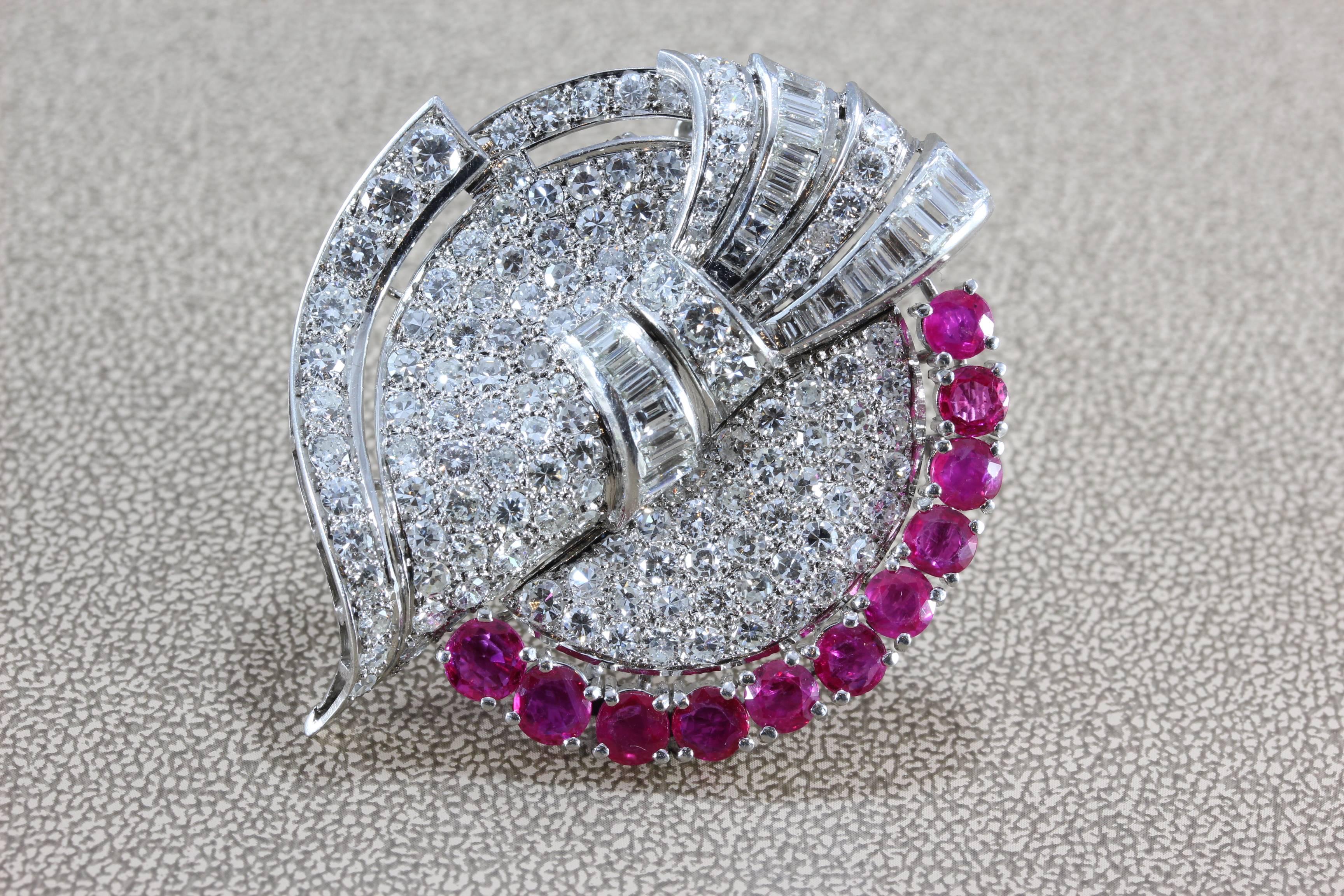 Women's Art Deco Diamond Ruby Platinum Double Clip Brooch