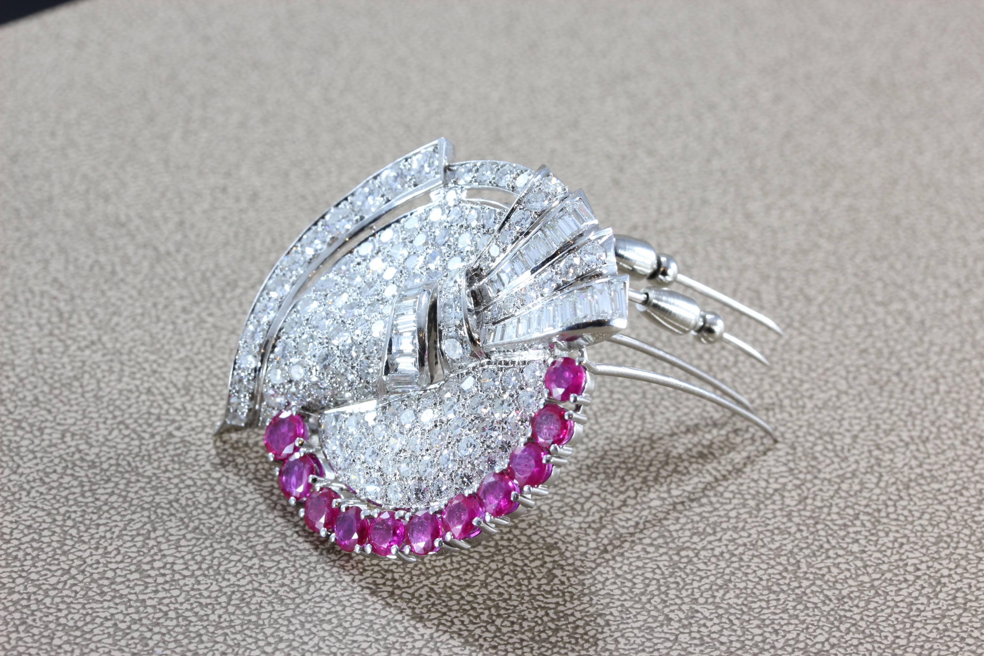 Art Deco Diamond Ruby Platinum Double Clip Brooch 2