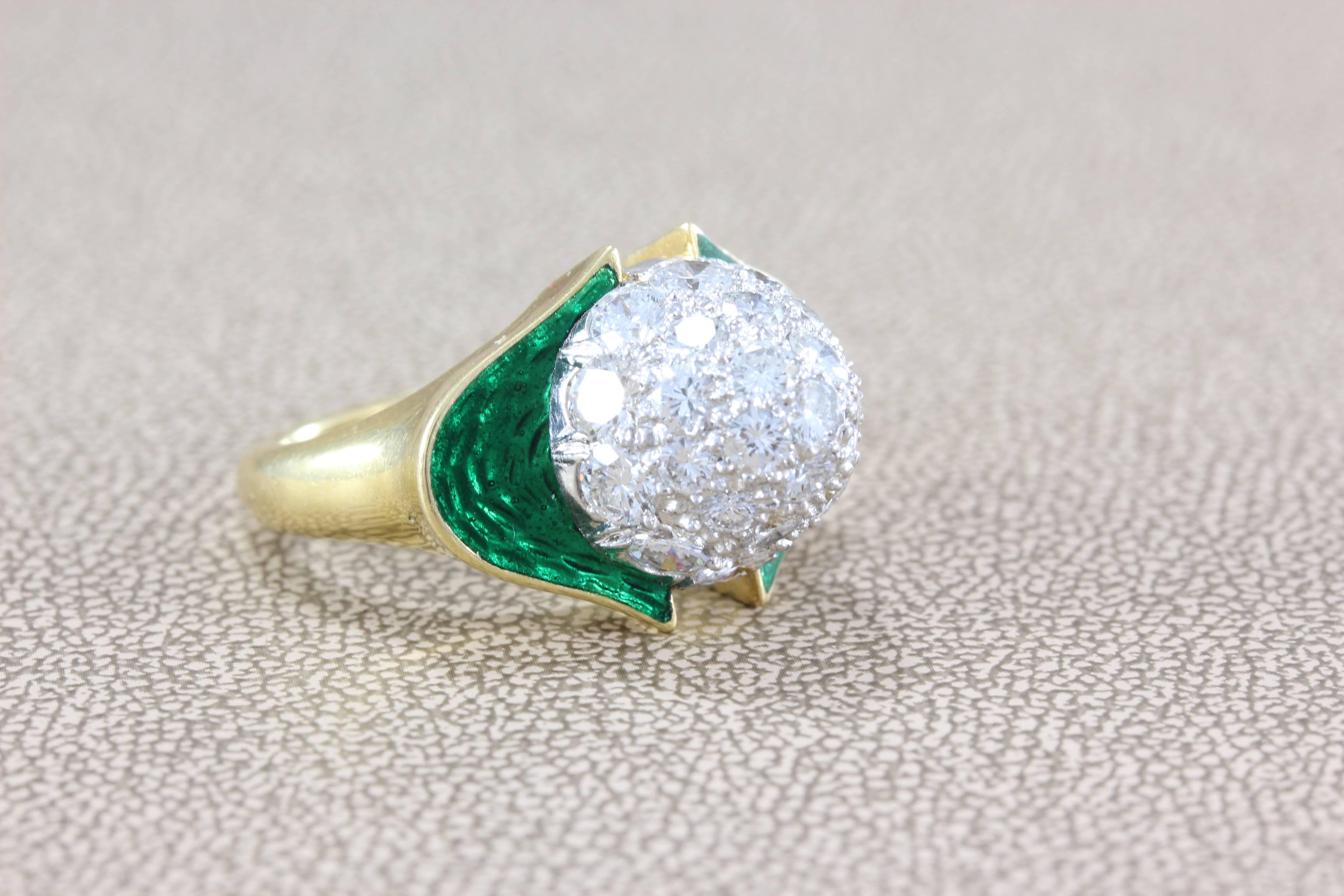 The stunning Carvin ring features full-cut diamonds weighing a total of approximately 2.60 carats, set in 18k white gold, enhanced by green enamel applied on 18k yellow gold, maker's mark for Carvin French. 