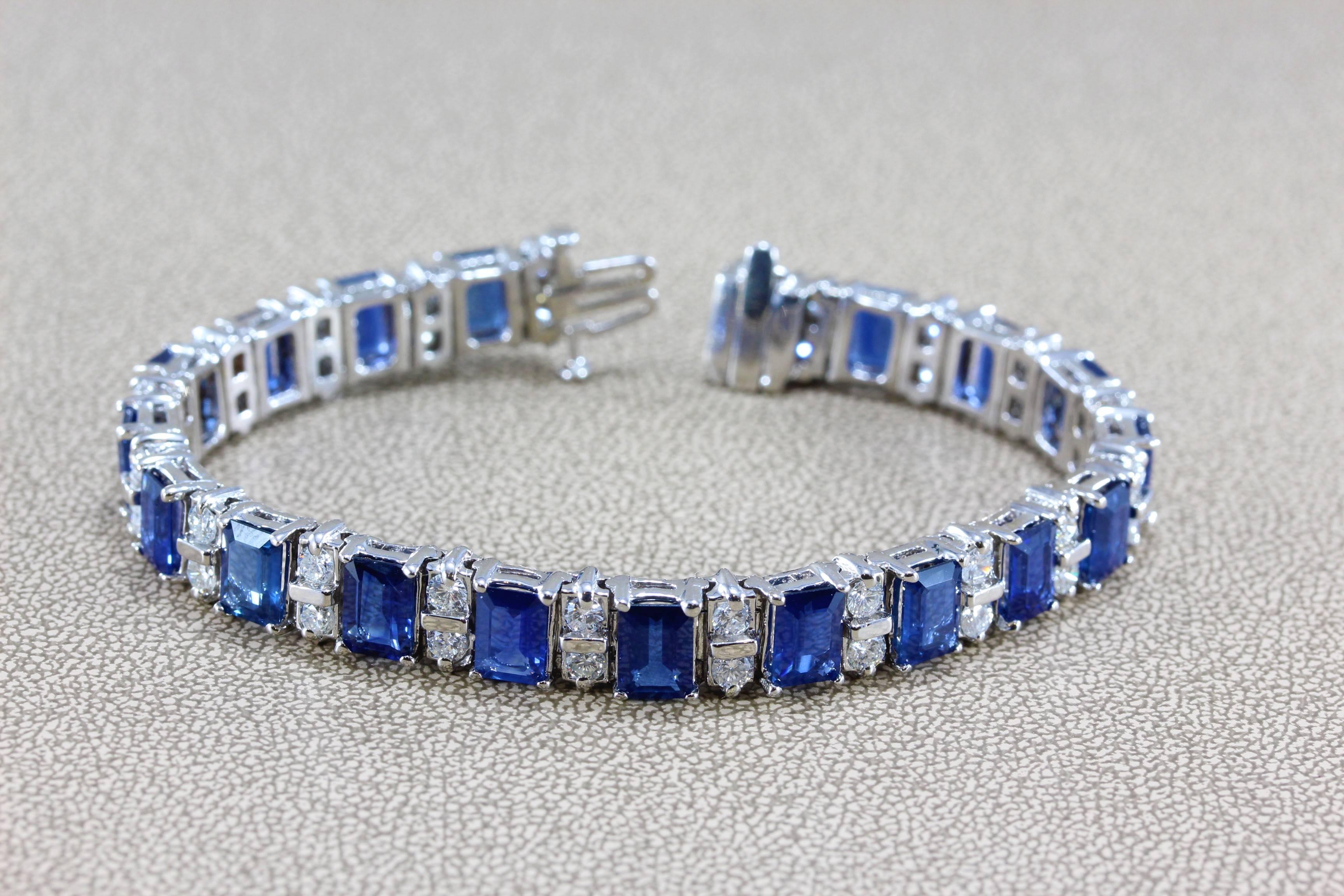 This bracelet features 18 deeply saturated vivid blue sapphires weighting each over 2 carats for a total weight of 42 carats. There are 3.40 carats of full-cut diamonds to accent the blue sapphires, which are all set in white gold. A bold bracelet