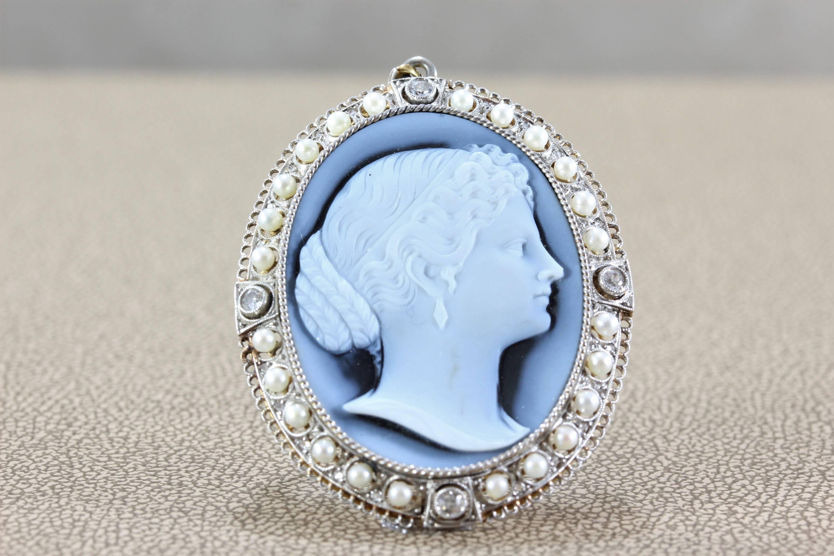 Victorian Hardstone Cameo Diamond Seed Pearl Gold Brooch Pendant In New Condition In Beverly Hills, CA