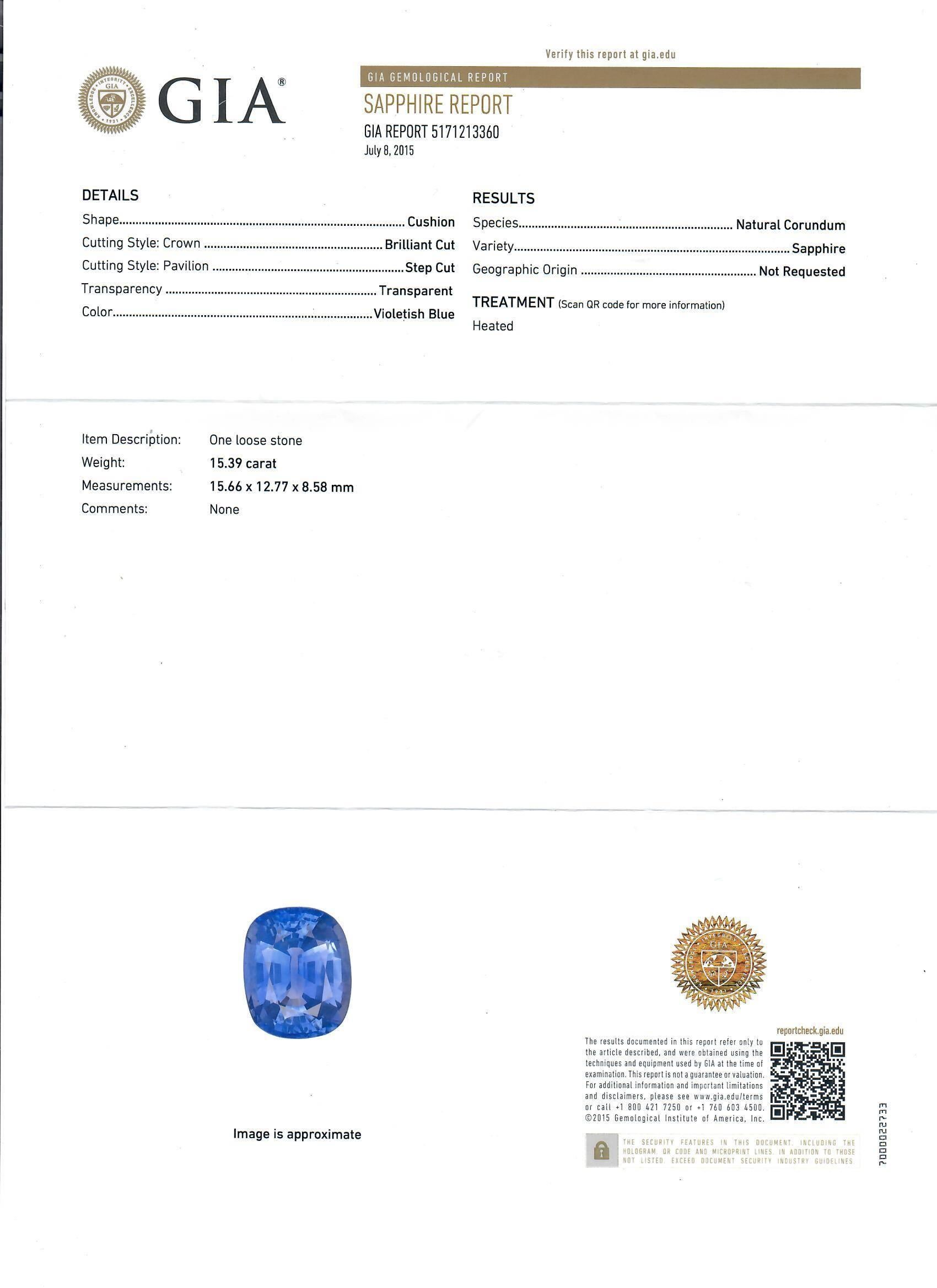 15.39 Carat Blue Sapphire Three-Stone Diamond Platinum Ring, GIA 1