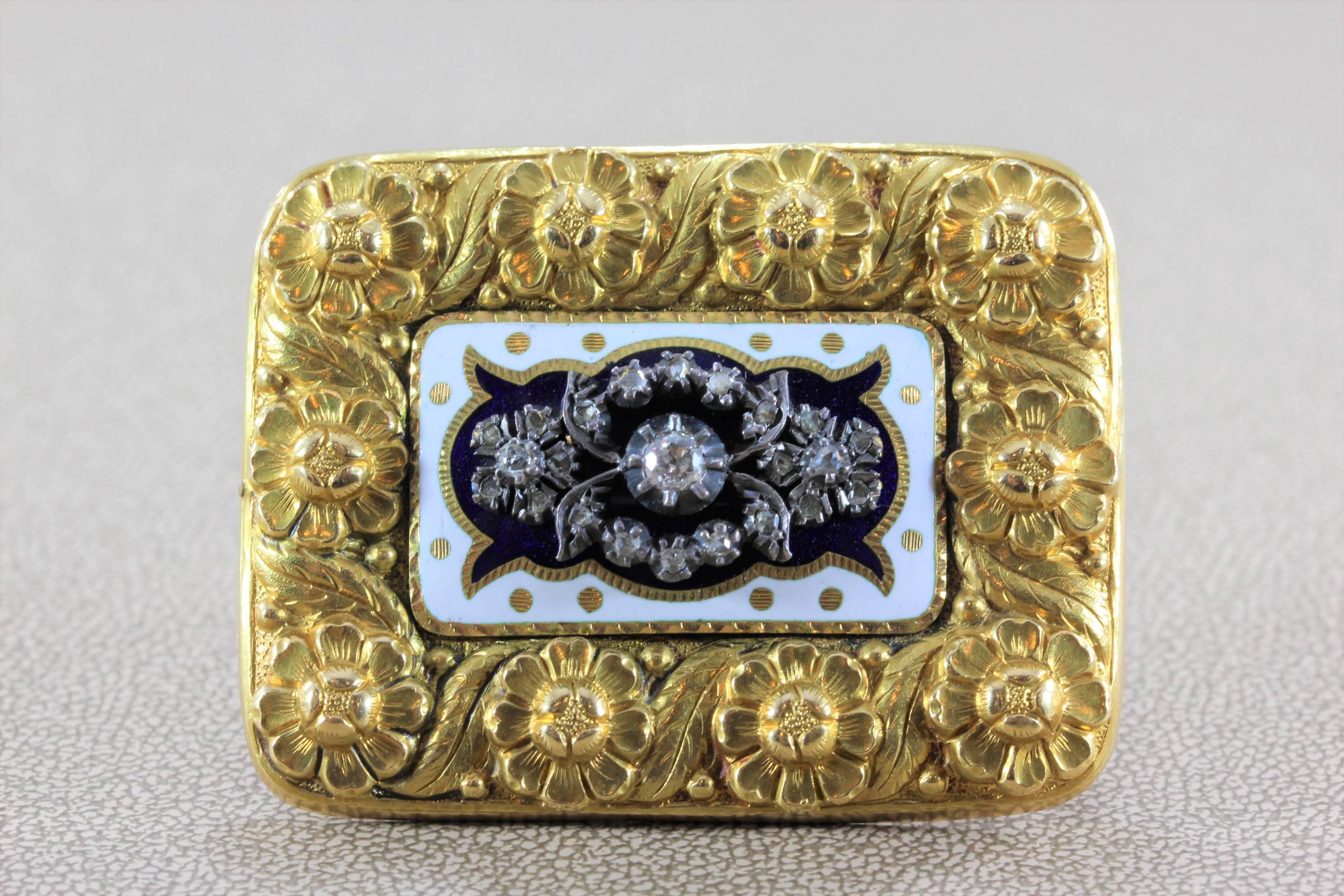 This beautiful 19th century floral brooch features European and rose-cut diamonds set in silver, enhanced by enamel applied on 18k gold. With delicate and detailed gold work, the craftsmanship is evident in this Victorian piece.  

Dimensions: 2.0 x