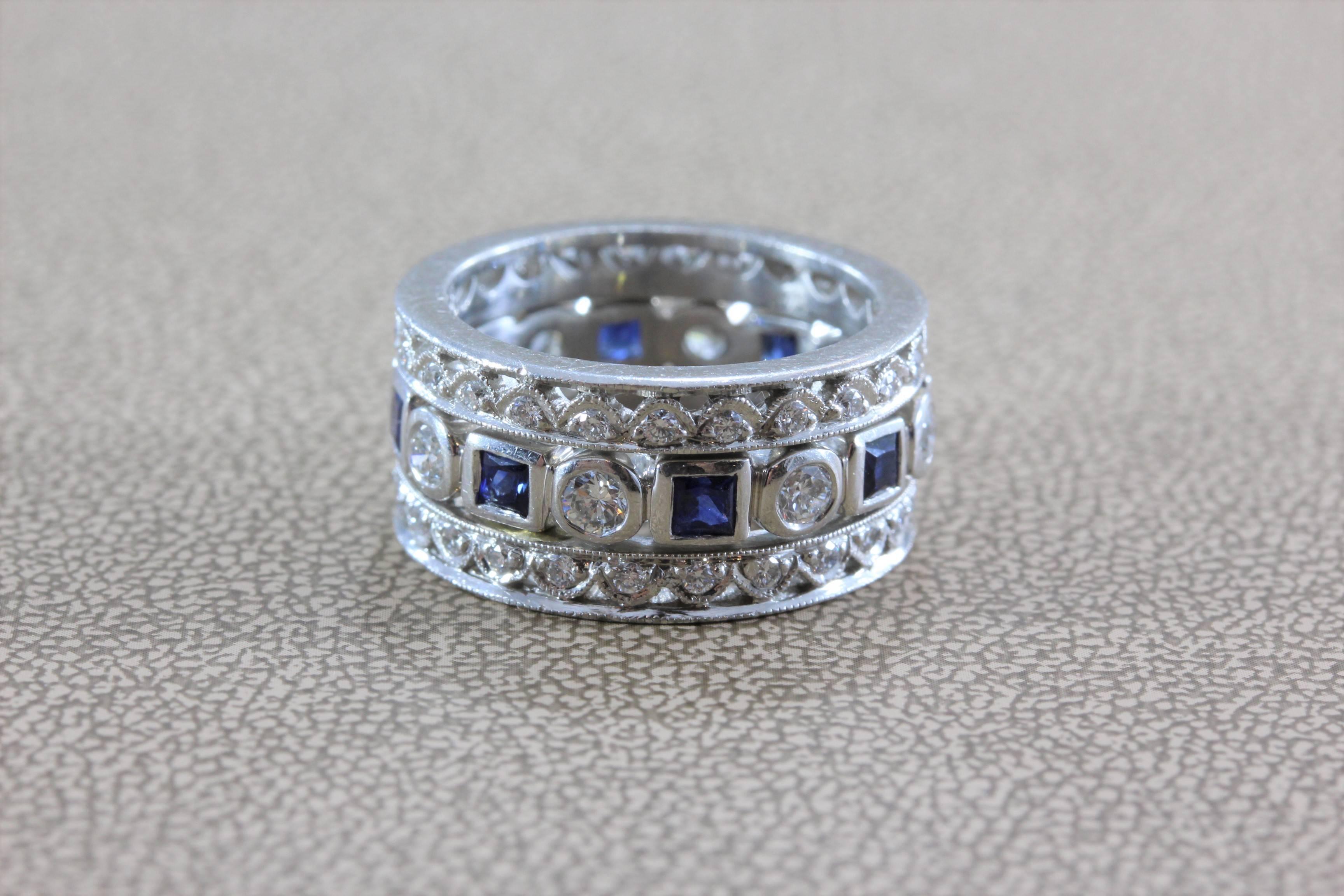 A beautifully crafted Tacori ring with 1.40 carats of full-cut diamonds, completed by 1.20 carats of gem vivid blue sapphire, set in platinum. The quality of the ring is very apparent and stands apart from others. 

Size 6.25 

0.40 inches wide
