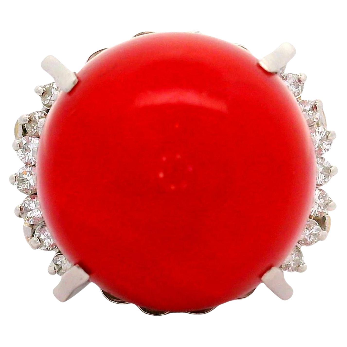 17mm Ox Blood Coral Diamond Platinum Ring, GIA Certified