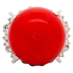 17mm Ox Blood Coral Diamond Platinum Ring, GIA Certified