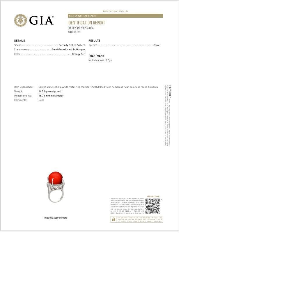 17mm Ox Blood Coral Diamond Platinum Ring, GIA Certified For Sale 1