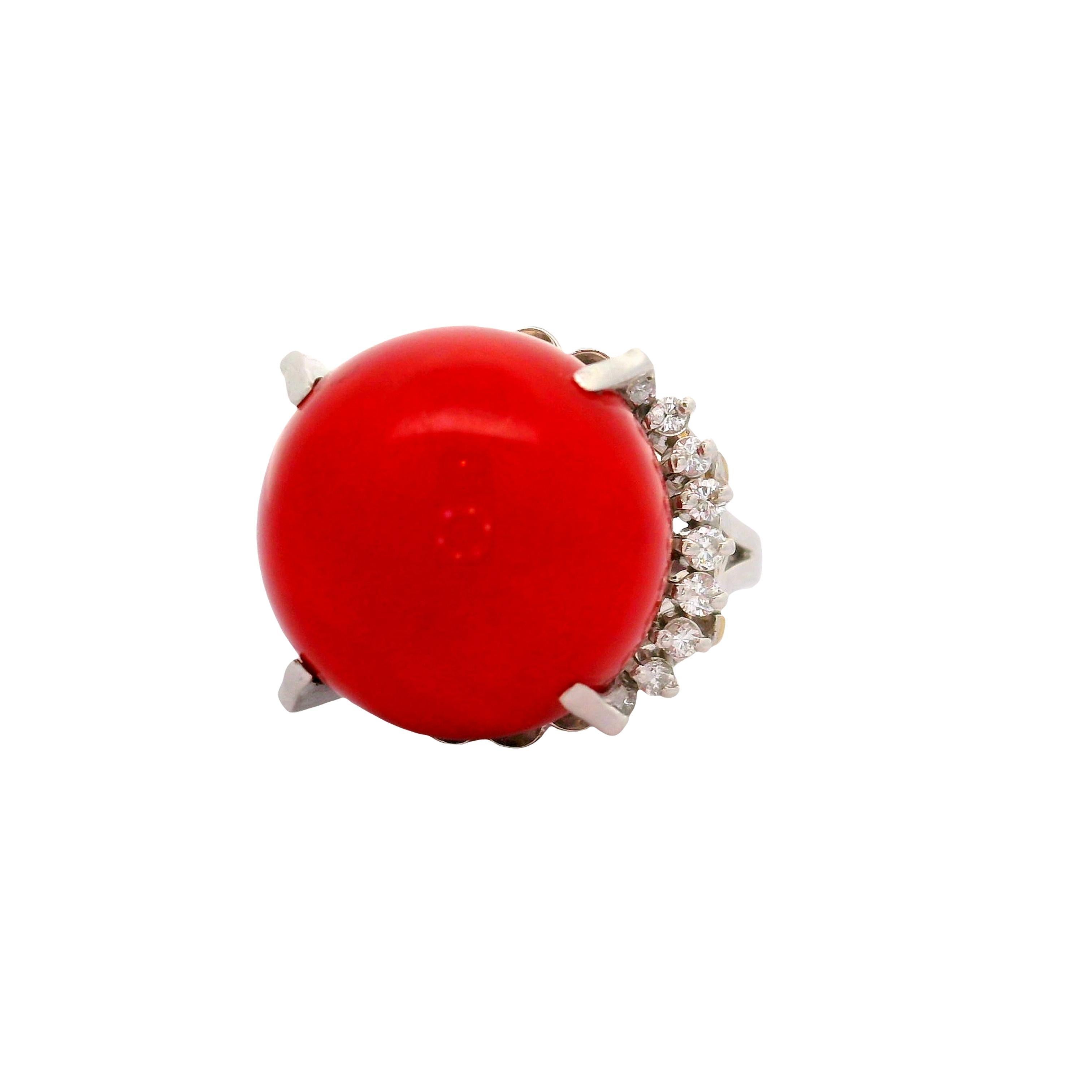 Contemporary 17mm Ox Blood Coral Diamond Platinum Ring, GIA Certified For Sale