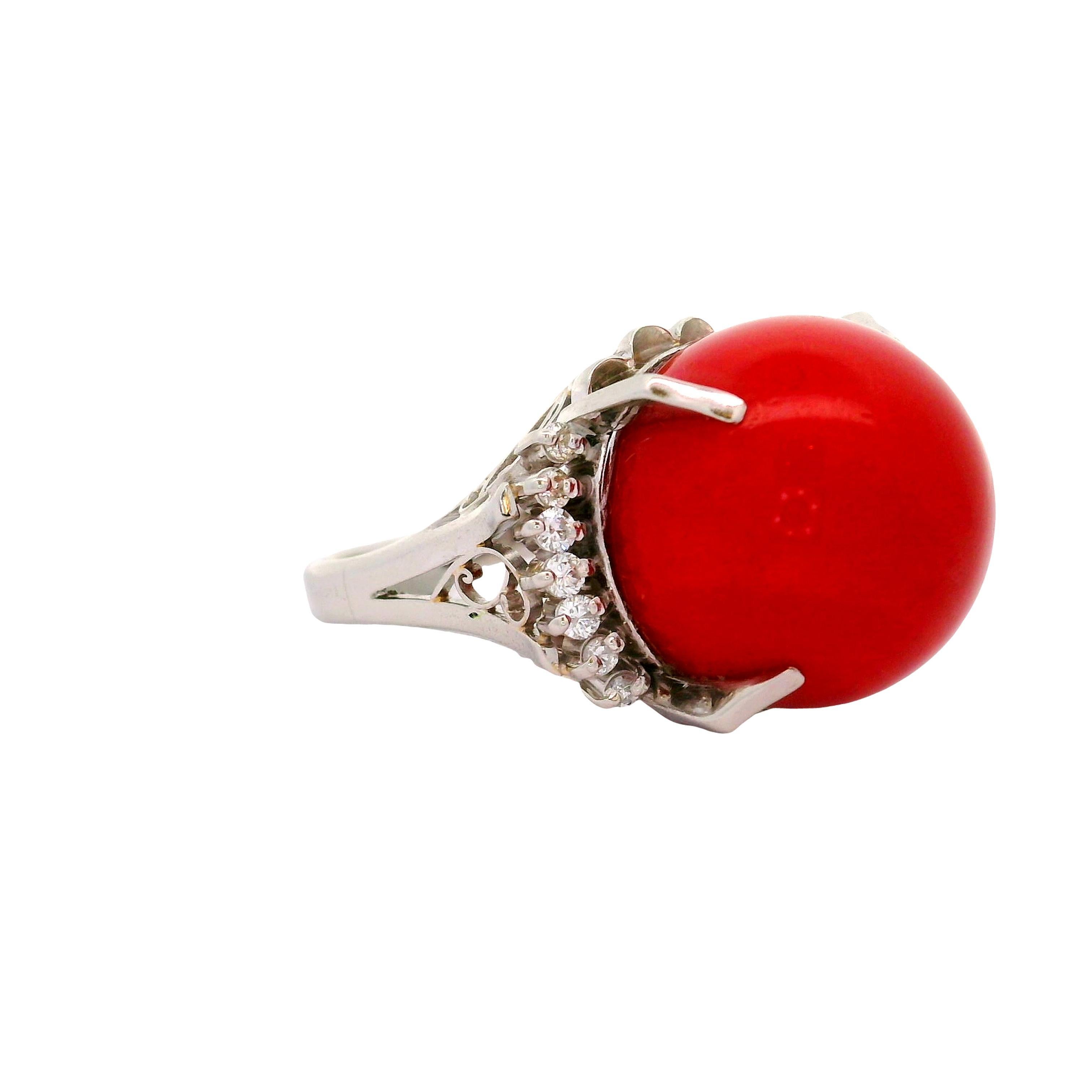 Ball Cut 17mm Ox Blood Coral Diamond Platinum Ring, GIA Certified For Sale