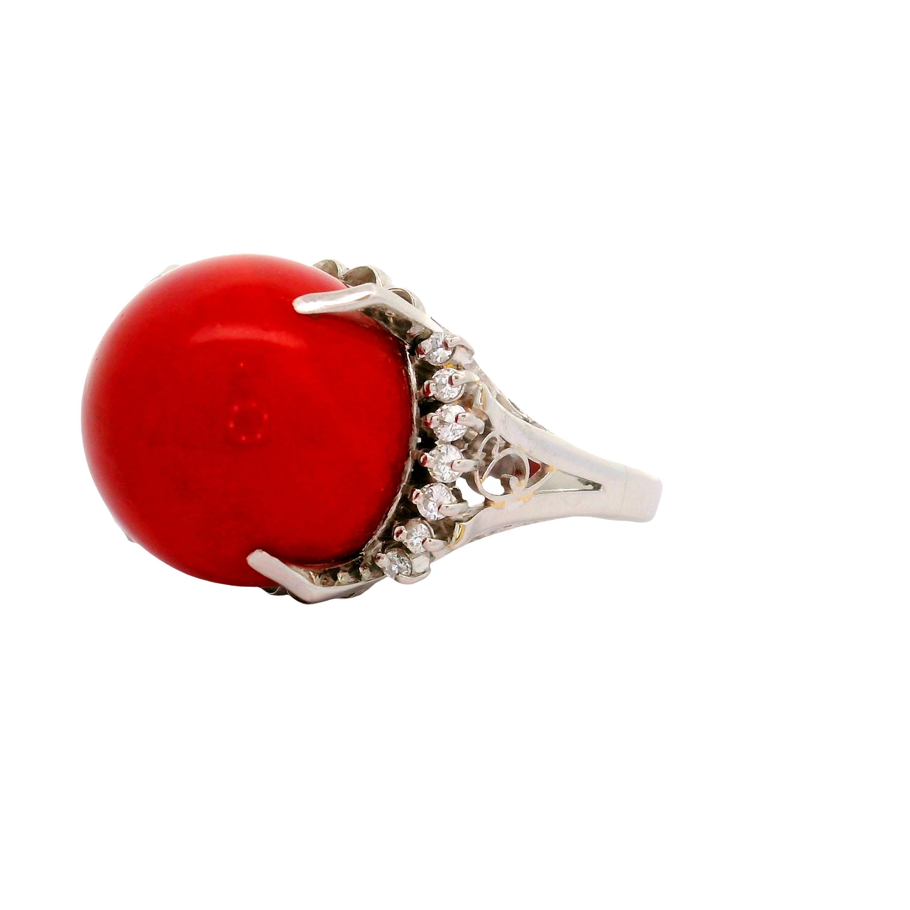 17mm Ox Blood Coral Diamond Platinum Ring, GIA Certified In Excellent Condition For Sale In Beverly Hills, CA