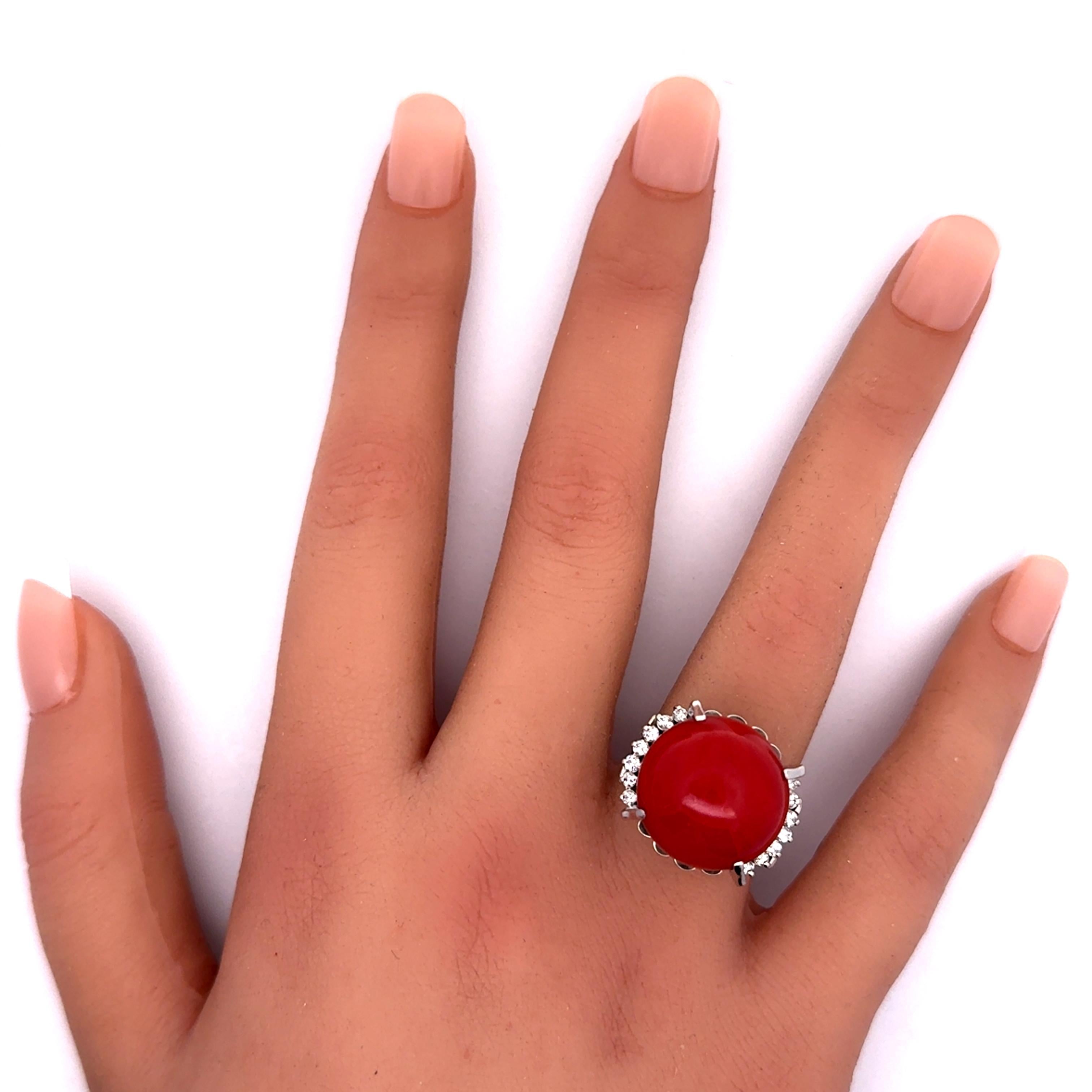 Women's 17mm Ox Blood Coral Diamond Platinum Ring, GIA Certified For Sale