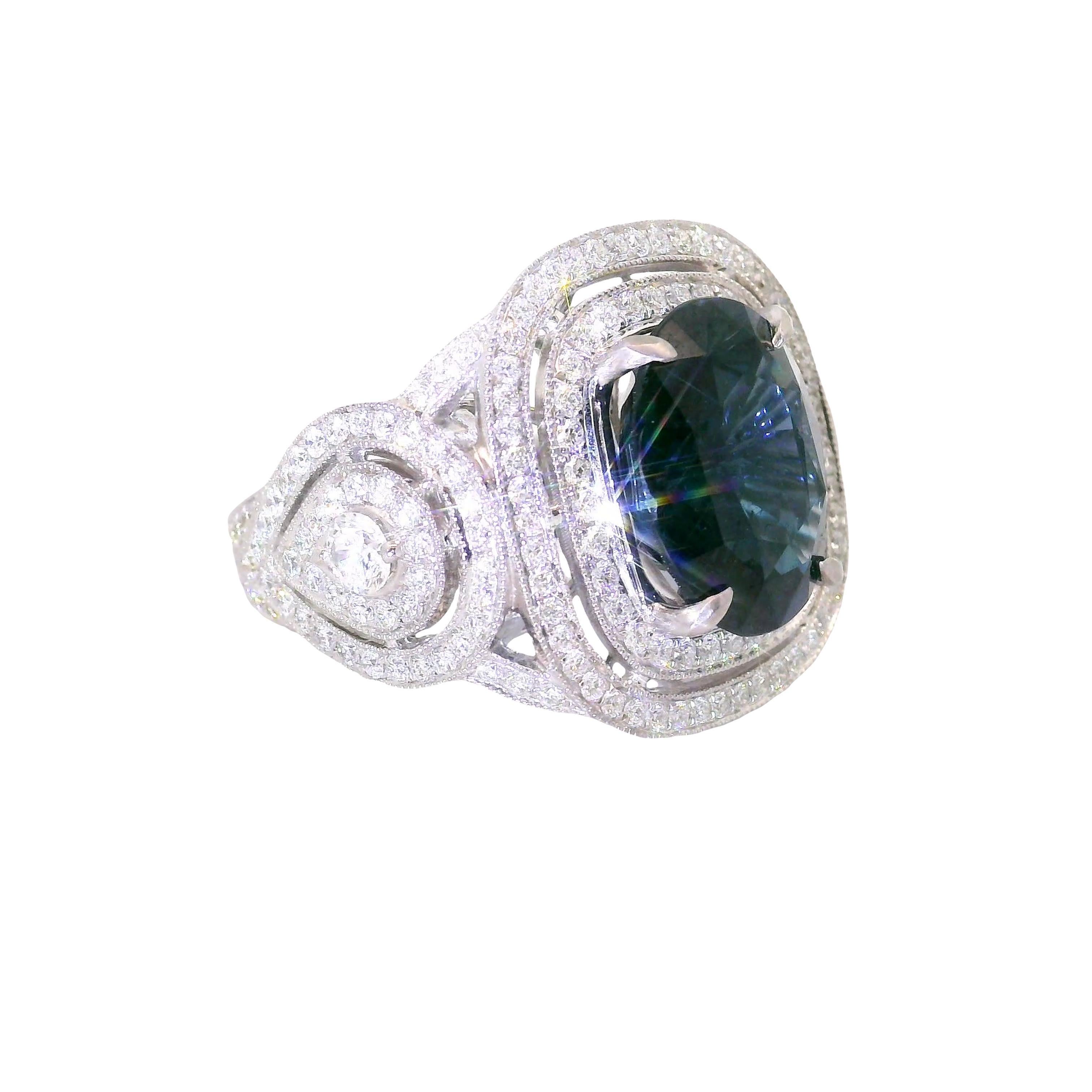 Oval Cut 5.79 Carat Blue Spinel Diamond 18K White Gold Ring, AGL Certified For Sale