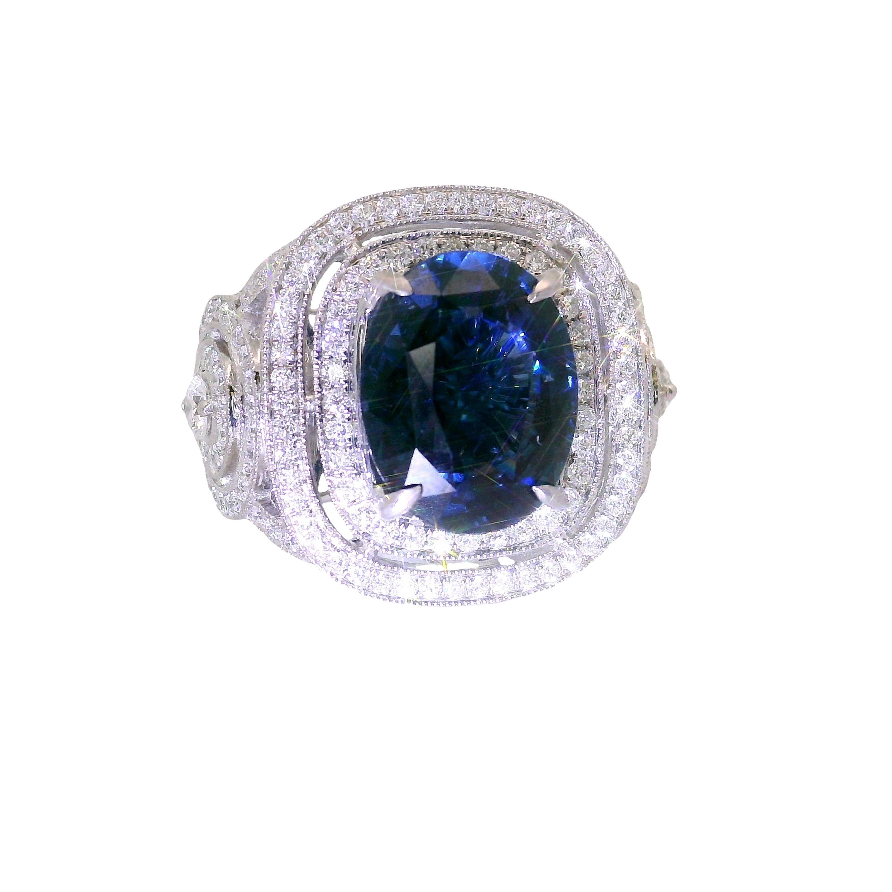 Contemporary 5.79 Carat Blue Spinel Diamond 18K White Gold Ring, AGL Certified For Sale