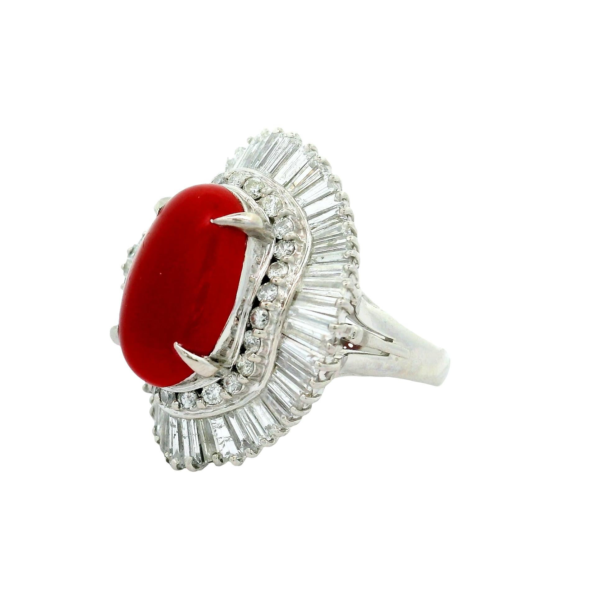 Red Coral Diamond Platinum Ballerina Ring In Excellent Condition For Sale In Beverly Hills, CA