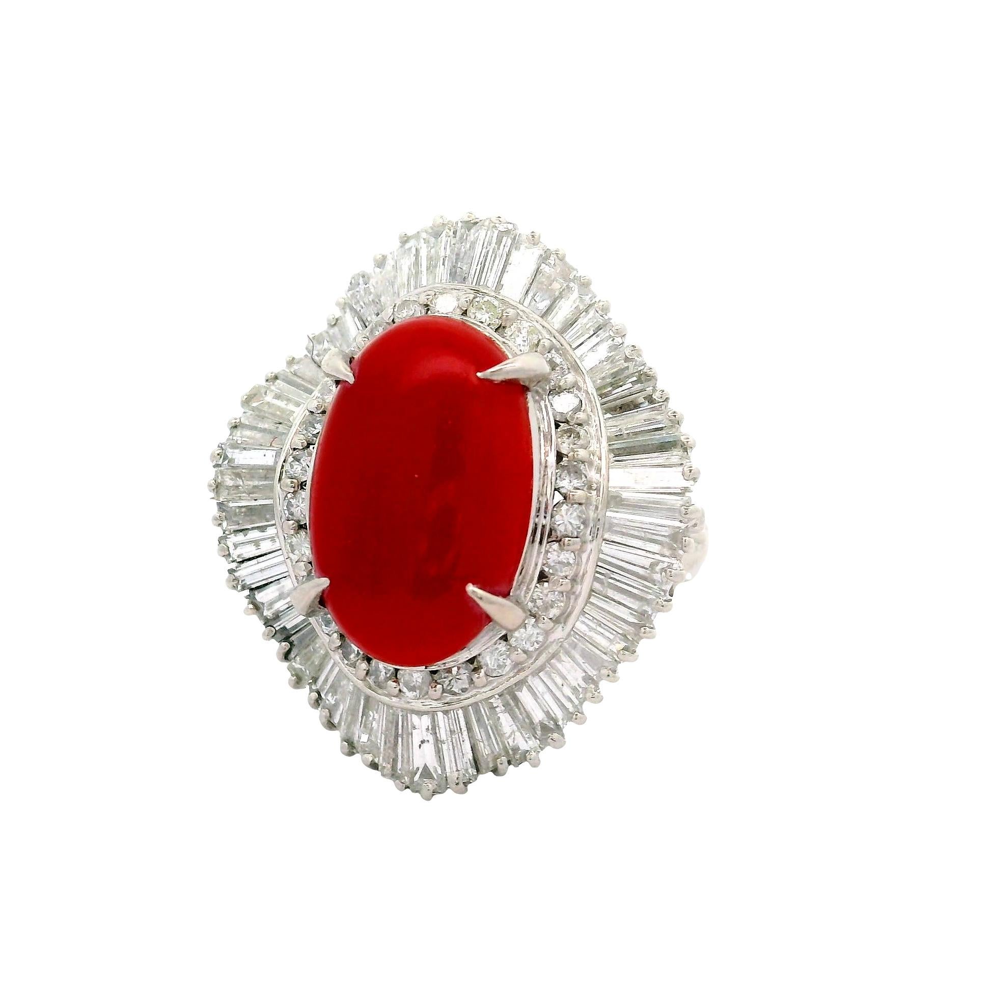 Contemporary Red Coral Diamond Platinum Ballerina Ring For Sale
