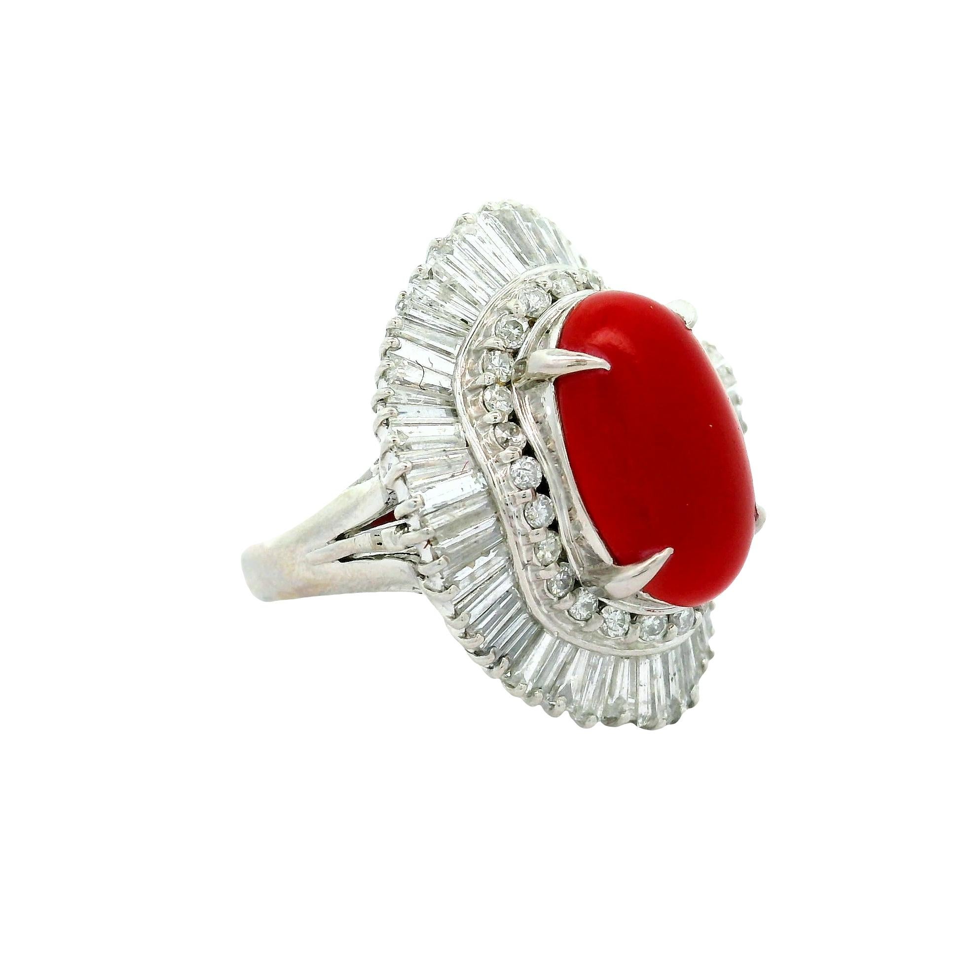 Cabochon Red Coral Diamond Platinum Ballerina Ring For Sale