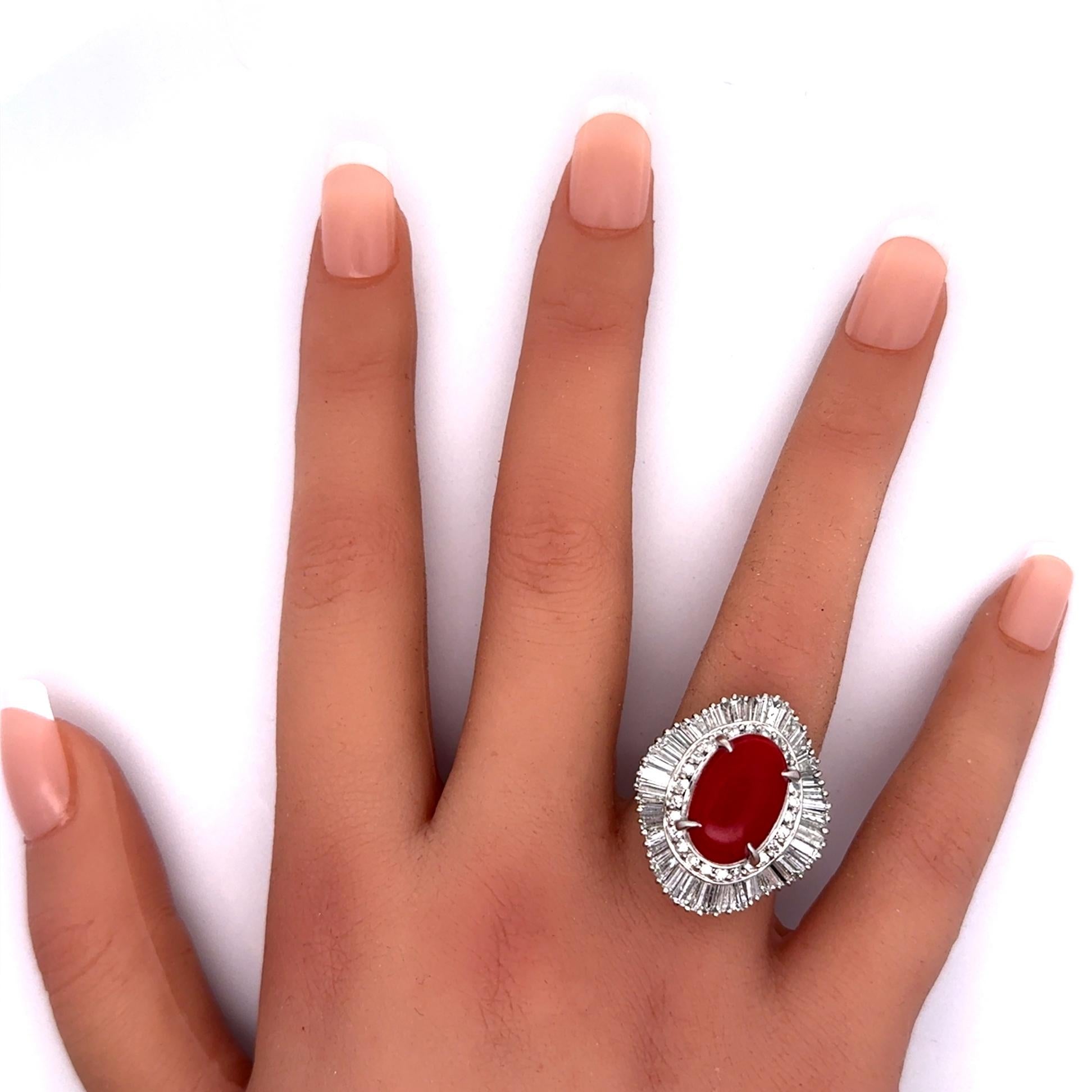 Women's Red Coral Diamond Platinum Ballerina Ring For Sale