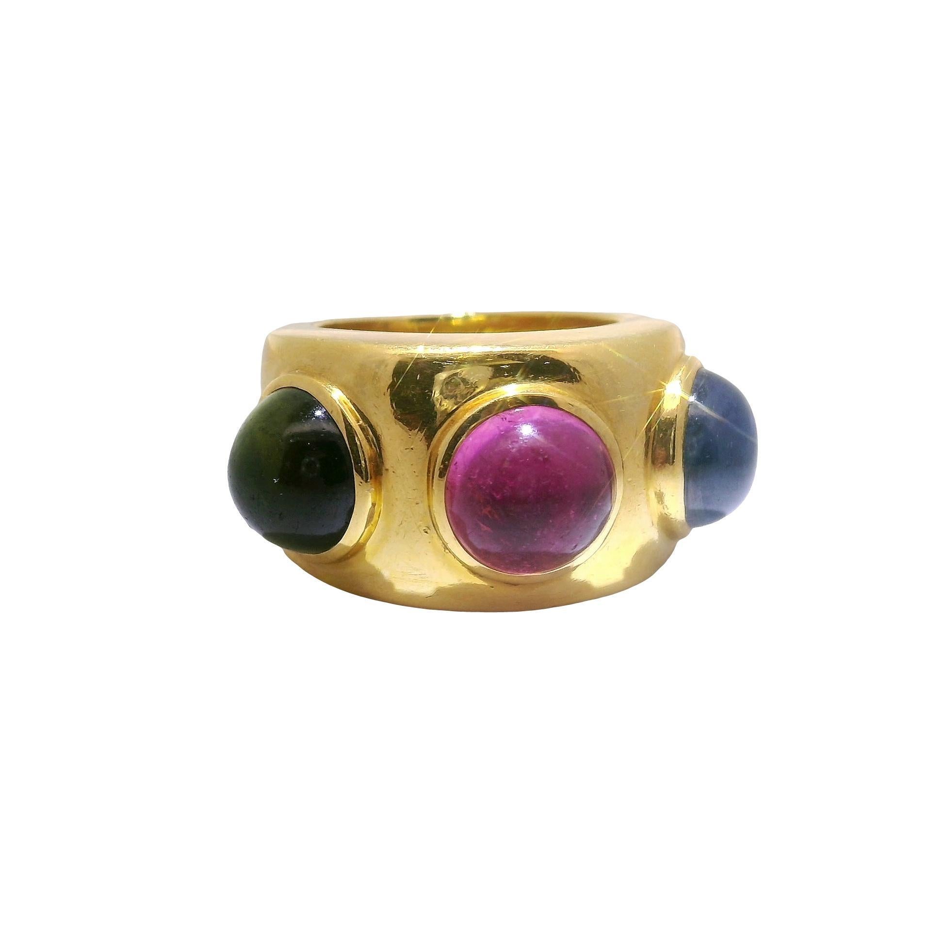 Cabochon Dominique Aurentis Tourmaline Sapphire 22k Yellow Gold Trinity Ring, French For Sale