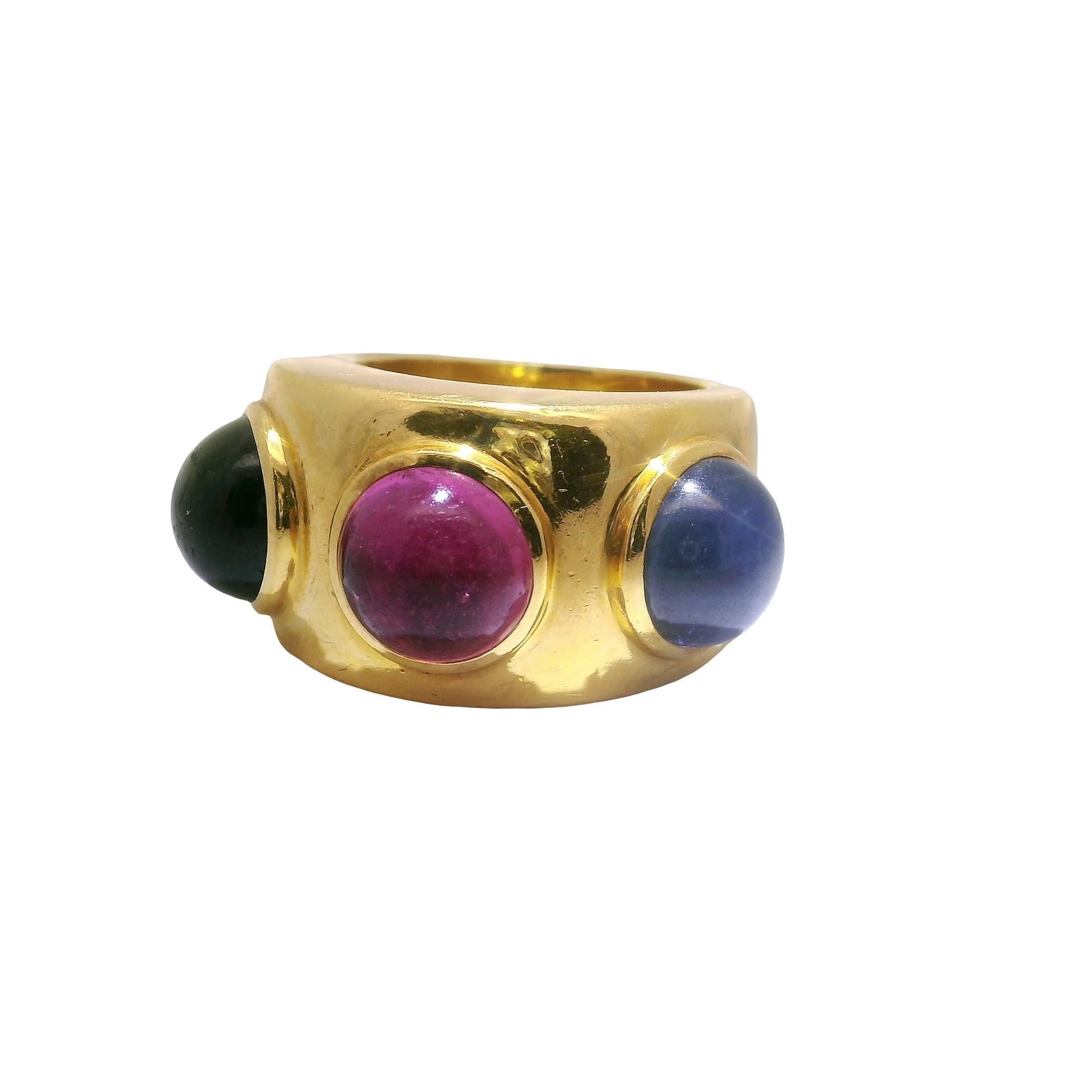 Dominique Aurentis Tourmaline Sapphire 22k Yellow Gold Trinity Ring, French In Excellent Condition For Sale In Beverly Hills, CA