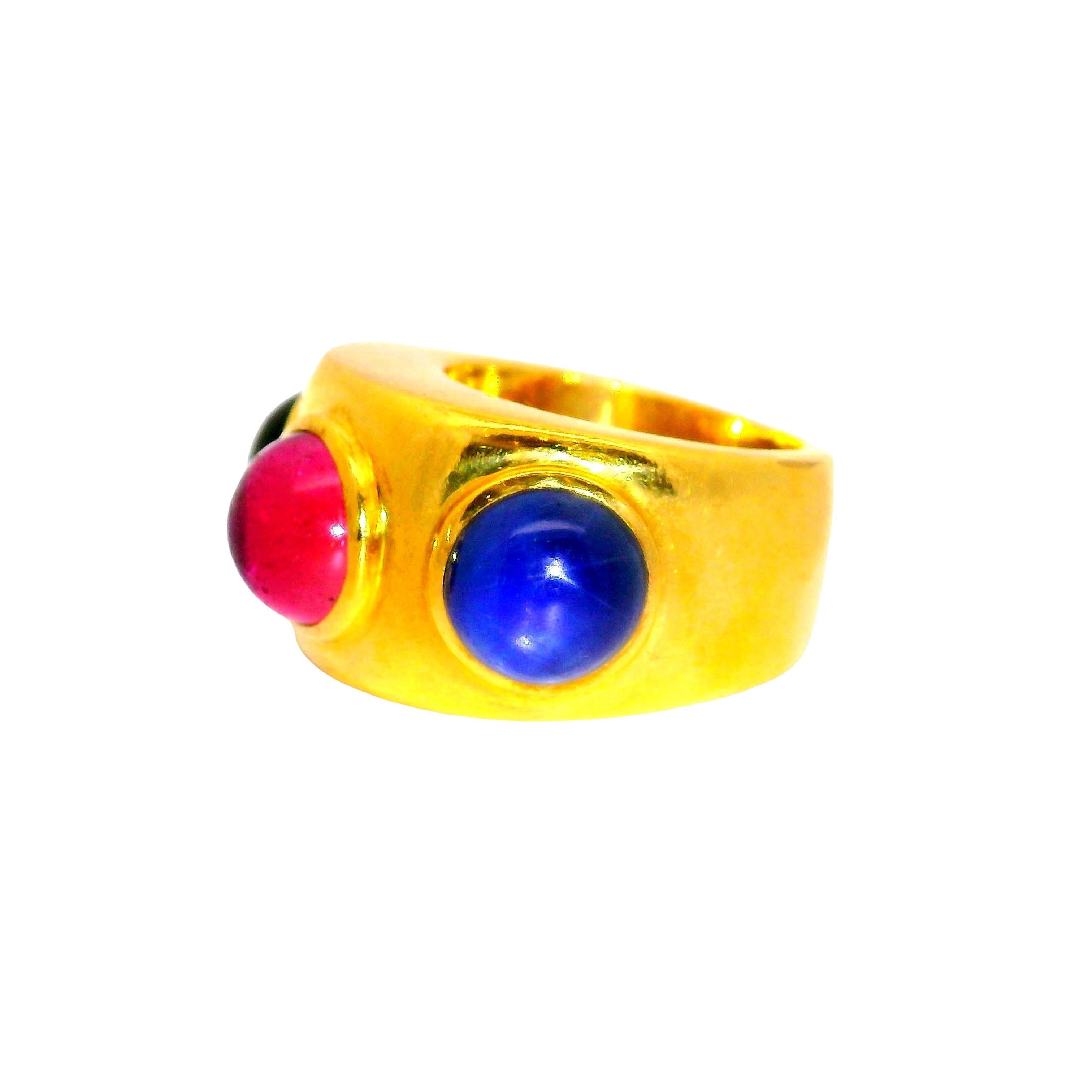 Contemporary Dominique Aurentis Tourmaline Sapphire 22k Yellow Gold Trinity Ring, French For Sale