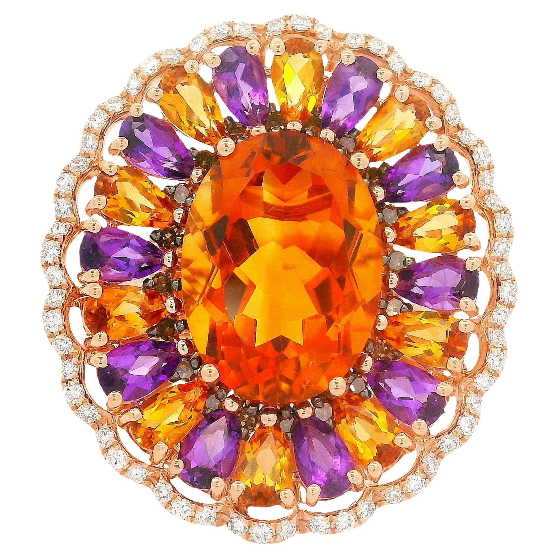 12.39 Carats Multi-colored Gemstones Diamond 14K Rose Gold Sunflower Halo Ring For Sale