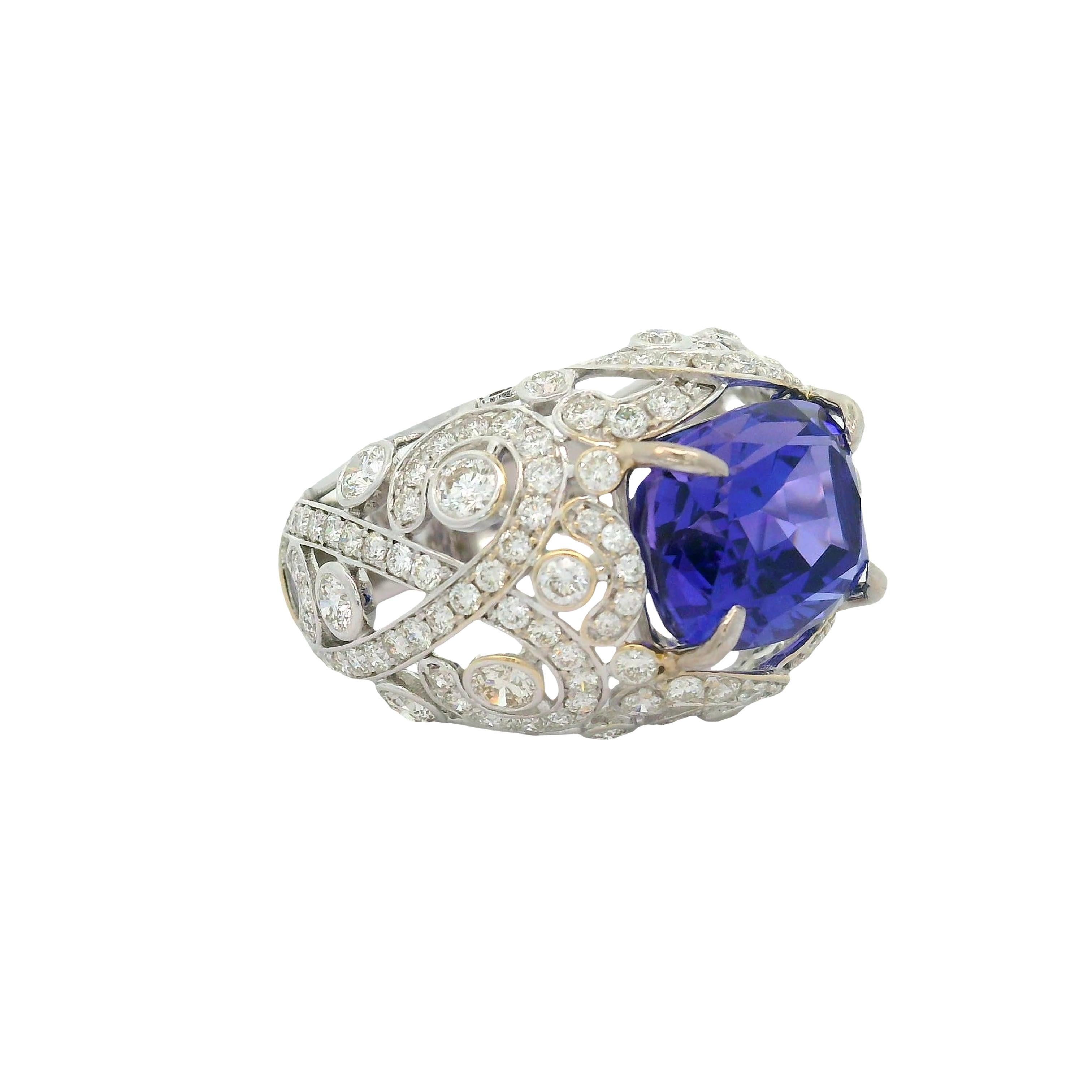 Cushion Cut 7.49 Carat Tanzanite Diamond 18K White Gold Ring For Sale