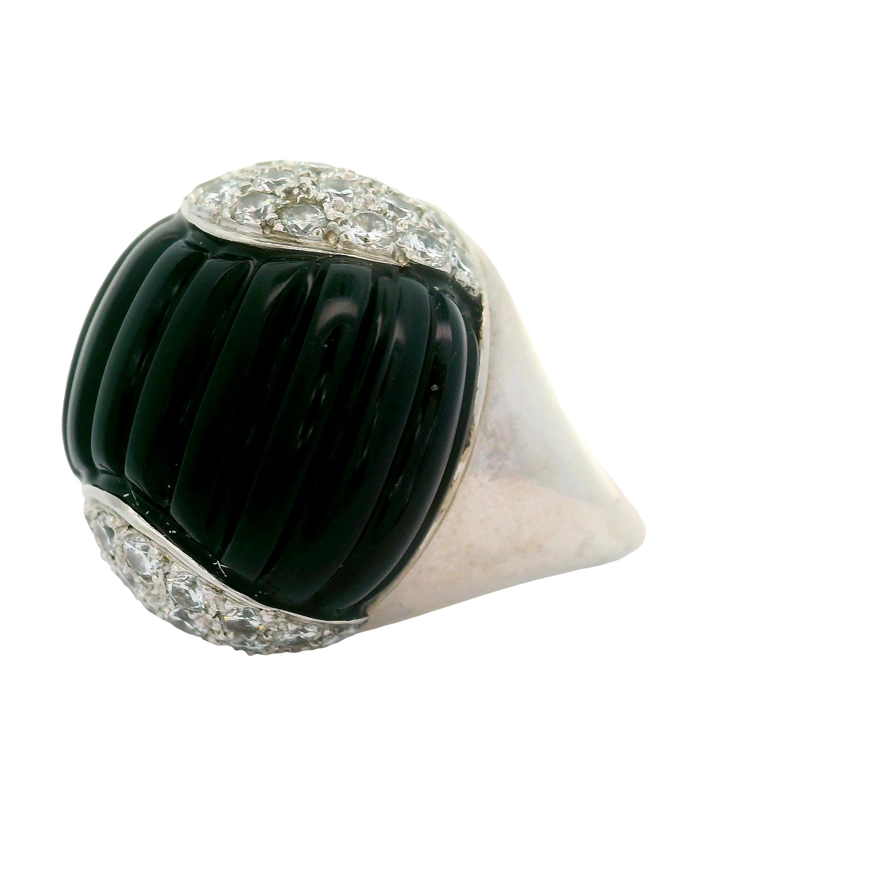 Black Onyx Diamond 18K White Gold Cocktail Ring In Excellent Condition For Sale In Beverly Hills, CA